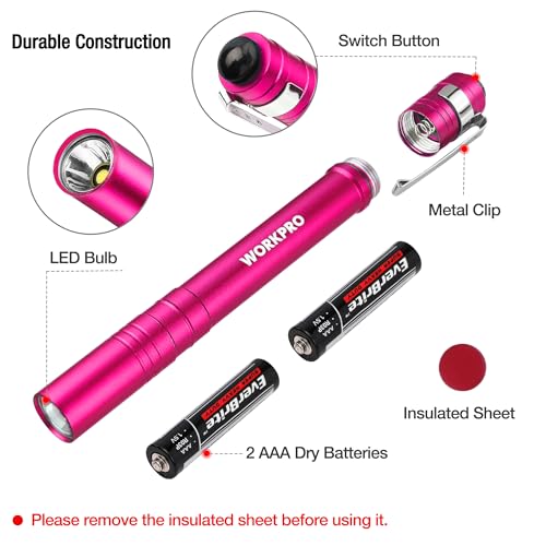 Pink WORKPRO LED Pen Light - Aluminum Pocket Flashlight with Clip, Super Bright & Lightweight