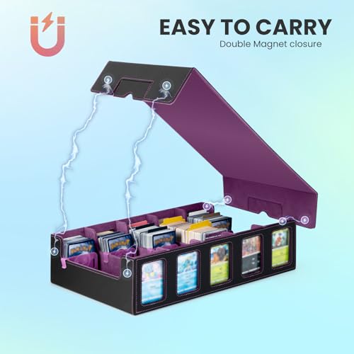 Gvirtcoz Trading Card Storage Box 4000+ Cards with 48 Dividers, Removable Lid, Handle – Black & Purple
