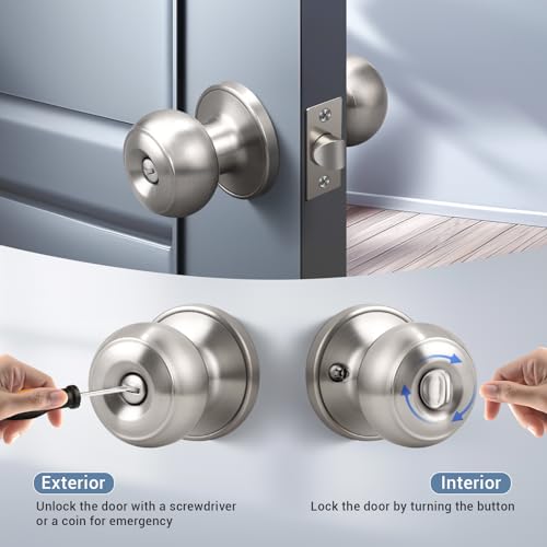 KNOBWELL 6 Pack Privacy Door Knob with Lock in Brushed Nickel Finish for Bedroom and Bathroom, Indoor Security Door Handle with Privacy Lock, Satin Nickel Interior Door Knobs