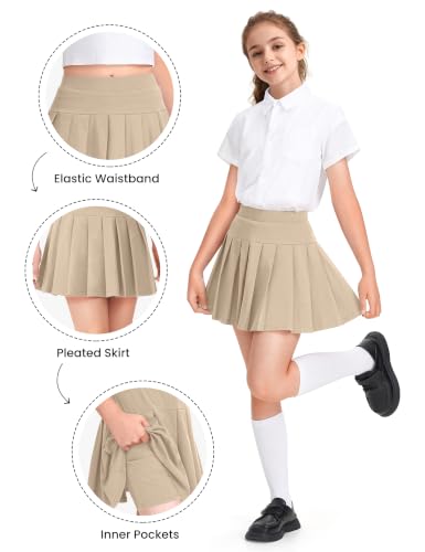 NUMYEAN Girls Uniform Skirt with Built-in Shorts & Pockets - Khaki, 6-7 Years