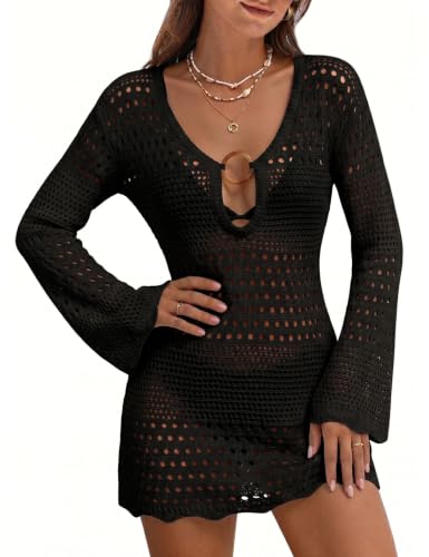 UMIPUBO Women's Black Medium Knit Crochet Beach Cover Up Deep V Neck Swim Dress