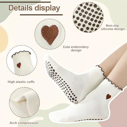 Frilly Pilates Socks with Grips - 6 Pairs, One Size, White/Brown/Coffee
