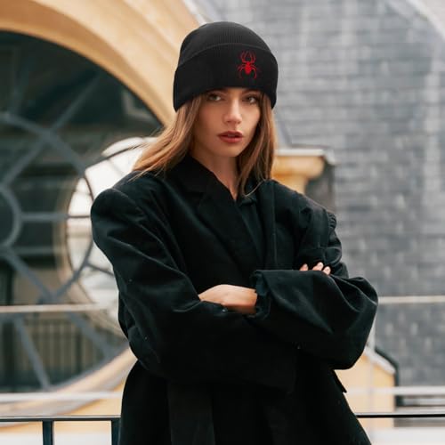 Slouchy Knitted Beanie Hat - Soft Warm Winter Skull Cap - Black Red