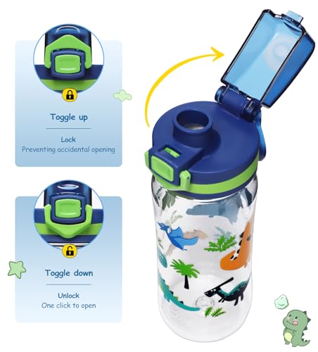 Kids Water Bottle - Leak Proof Flip-Top Lid, 17oz - Transparent Dinosaur