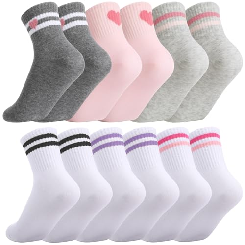 Jspupifip 6 Pairs Kids Girls Pink White Crew Athletic Socks Age 3-12