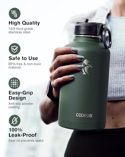 Coolflask 64oz Dark Green Insulated Half Gallon Water Bottle with Straw & Leakproof Lids
