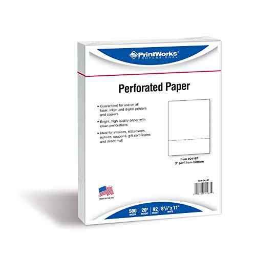 PrintWorks Professional 3" Horizontal Perforated Paper 8.5” x 11” - Perfect For W-2, 1099, & Statement Use - Made in the USA - 500 Sheets - 20 lb - Printer Compatible - White (04167)