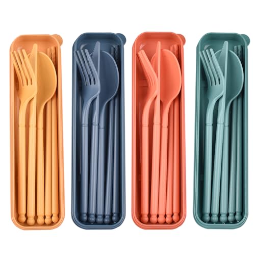 Camping Utensils Set, Reusable Set with Case, Plastic Cutlery
