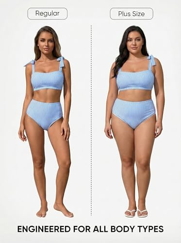 High Waisted Women's Tie Shoulder Bikini Set - Medium Blue Stripes