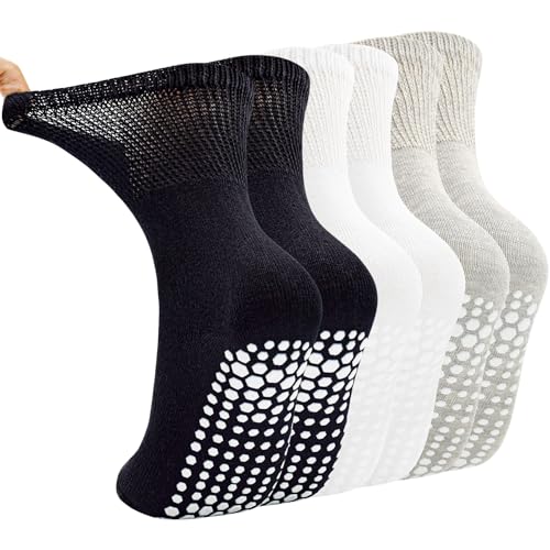 Non-Slip Pilates Grip Socks for Women - Mid-Calf - 3 Pairs - Black/White/Grey