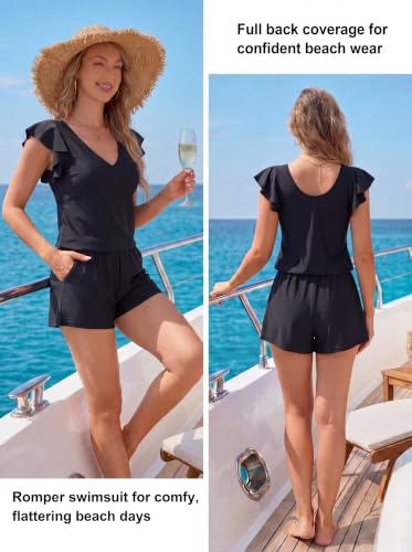 Smismivo Black Large Swim Romper with Built-in Bra, Pockets, Full Coverage One-Piece