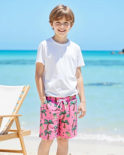 Boys Swim Trunks with Compression Liner - UPF 50+, Quick Dry, 10 Years / Pink Pineapple