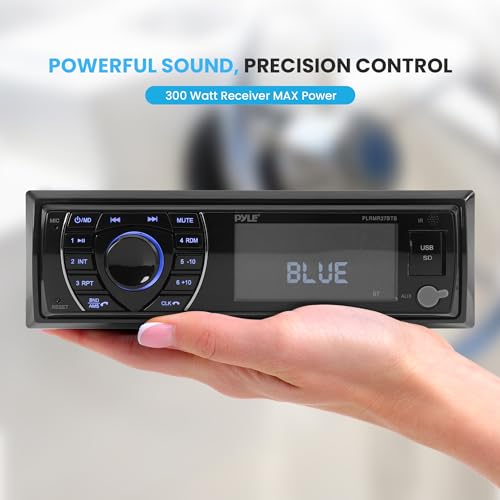 Pyle Black Marine Bluetooth Receiver Stereo - 12V Single DIN In-Dash Radio System with LCD, USB, SD, FM, RCA, MP3, Remote