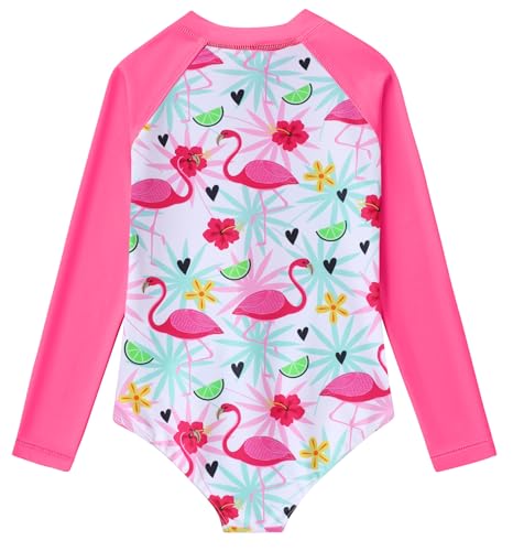 Girls Long Sleeve Swimsuit - Zipper Rash Guard, UPF 50+, Pink Flamingo, 5-6 Years