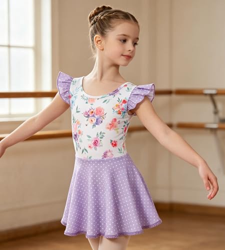 Girls Ballet Leotard Dance Dress with Ruffle Sleeve - 4-5T Purple Flower