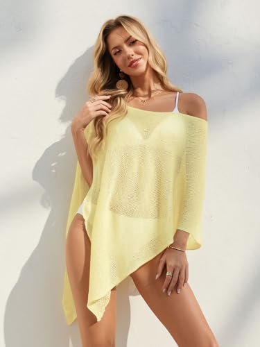 UNCLECAT Women's Mesh Crochet Cover Up - Yellow Small Beachwear Vacation Top