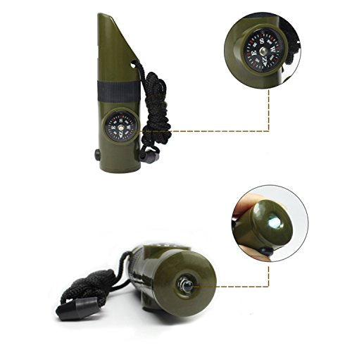 7-in-1 Camping Whistle with LED Light, Compass & Thermometer