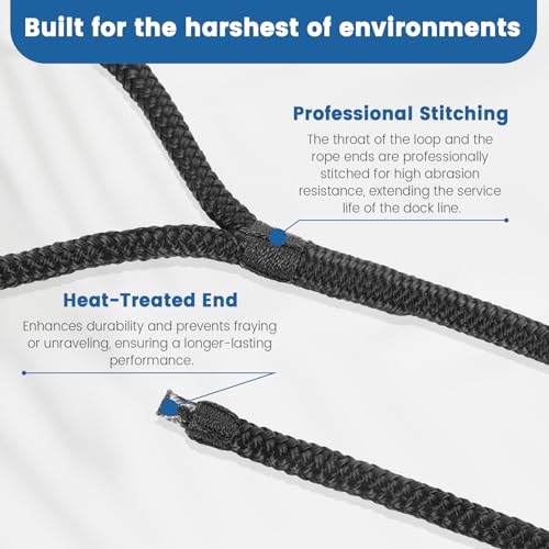 2 Pack Nylon Dock Lines - 3/8" x 15' with Pre-Spliced 12" Soft Loops, Heavy Duty Marine Rope