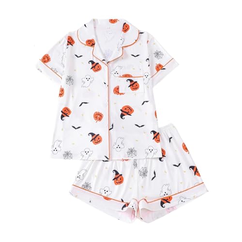 Halloween Pajamas Set for Women - Ghost & Pumpkin Print - White, Medium
