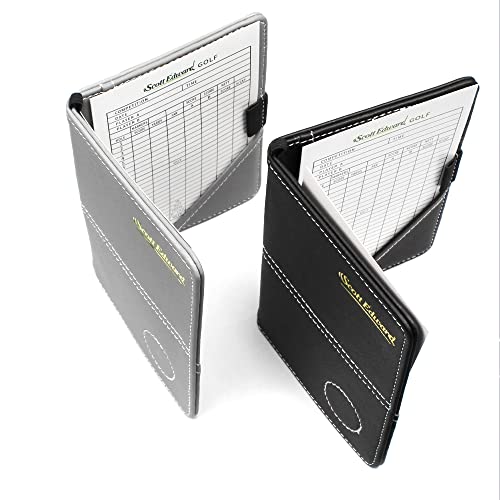 Golf Scorecard Holder - Black Waterproof Leather Cover with Straps