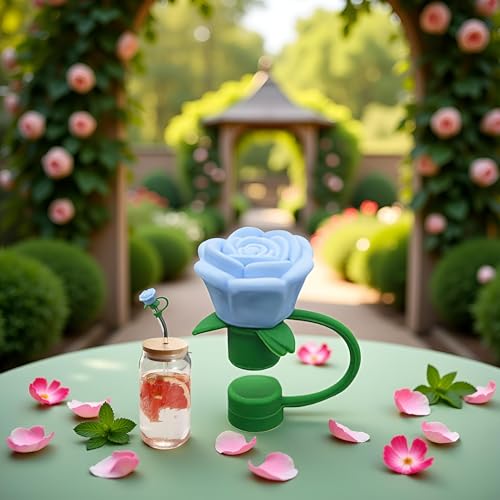 10mm Rose Flower Straw Covers - Blue Silicone Dust Caps for Stanley Cup