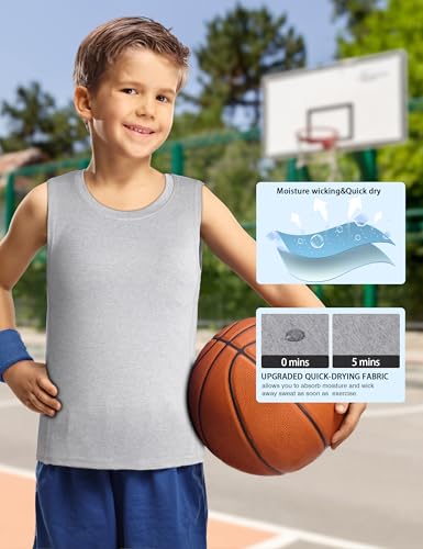 Boys Compression Tank Top - Athletic Quick Dry Sleeveless Shirt - Large Grey