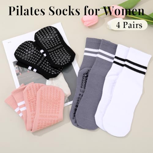Striped Pilates Grip Socks for Women - 4 Pairs - White, Black, Pink, Gray