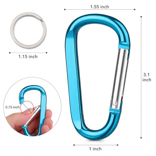 Large 3-Inch Aluminum Carabiner Clips - 6-Pack with Keyrings