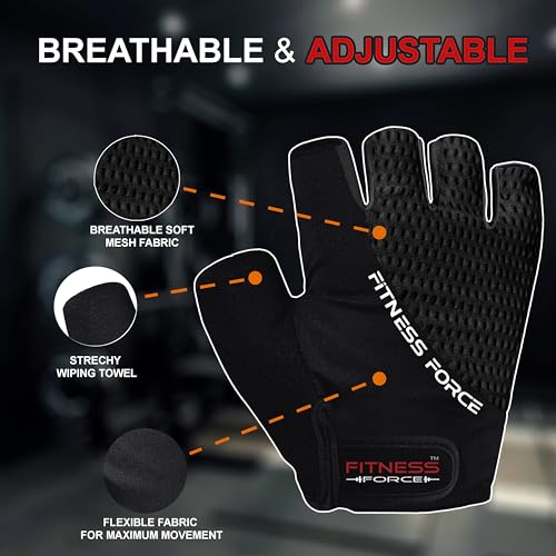 Breathable Workout Gloves for Men & Women - Black, Large