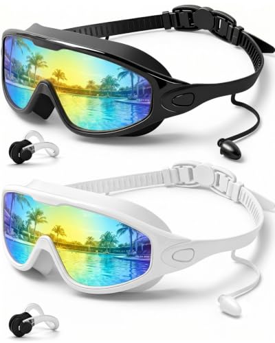 Rantizon 2 Pack Wide View Anti-Fog UV Swim Goggles for Adults - Black Blue & White Blue, Large