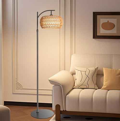 DRAWNCAT Boho Rattan Floor Lamp with Shade - 12W Bright LED Bulb, Adjustable Height 48-60 Inch, Remote Control 3 Color Temperatures,Farmhouse Handwoven Arc Standing Light for Living Room Bedroom