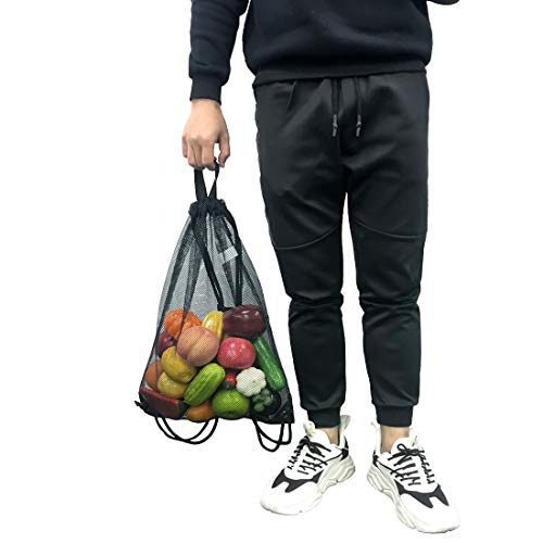 Large Ventilated Mesh Drawstring Bag for Gym Swimming & Beach - Black