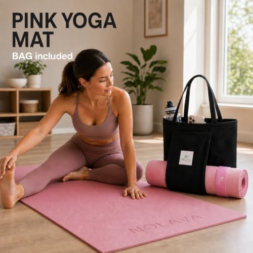 Pink Yoga Mat with Tote Bag - 72 x 24 Inch, Non-Slip, 1/4 Inch Thick