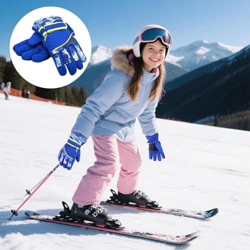 Kids Winter Snow Gloves - Windproof Cold Weather Ski Mittens, Blue, 4-7 Years