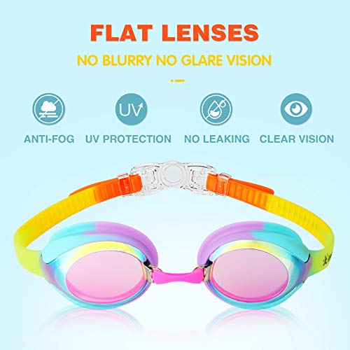 Keary Kids Mirrored Pink Swim Goggles for 3-12 Years, Anti-Fog & UV Protection
