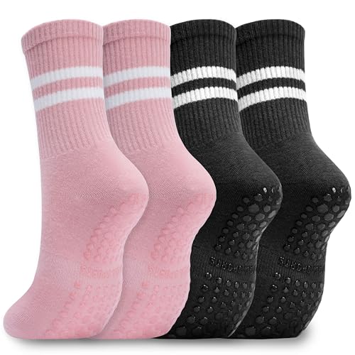 Non-Slip Pilates Socks for Women - Cotton Grippy Crew Socks, 3 Pairs - Color 11