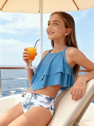 Girls Tankini Swimsuit Set - Ruffle Two Piece Swimwear, Lake Blue, 15 Years