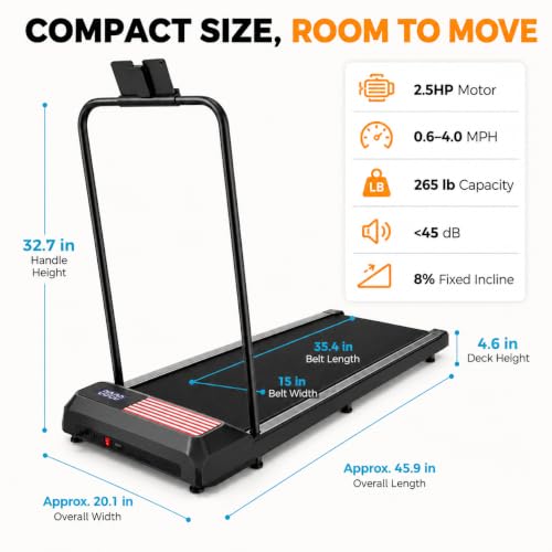 Walking Pad Treadmill with Handle Bar - 8% Incline, Red