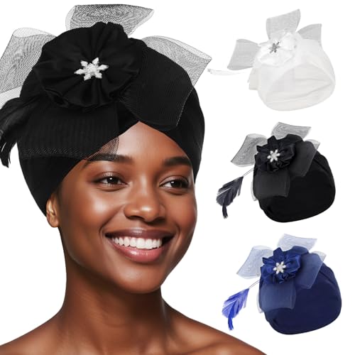 Bohend 3Pcs Women's Turban Beanie Caps with Pearls Rhinestones Feathers
