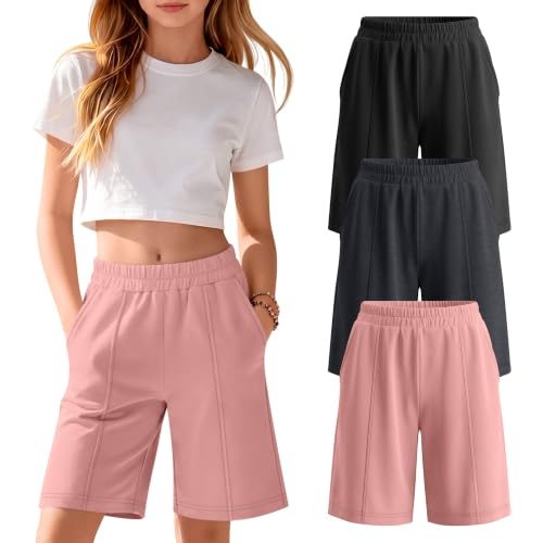 Girls Bermuda Athletic Shorts - 3 Pack, Black, Dark Gray, Pink