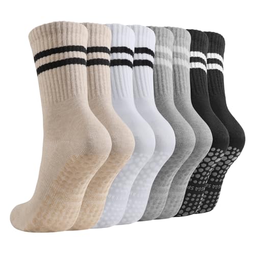 Pilates Socks for Women with Grips - 4 Pairs, Sizes 6-9/9-11, Khaki+Gray+Black+White