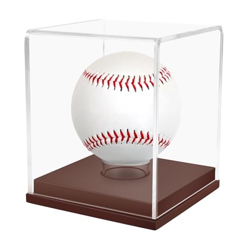 Baseball Display Case - UV Protected Acrylic Cube with Wooden Base for 1 Ball - Brown