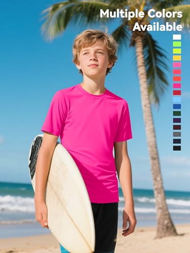 Kids Neon Swim Shirt - UPF 50+ Dry Fit Rash Guard - Neon Rose Red - 5-6 Years