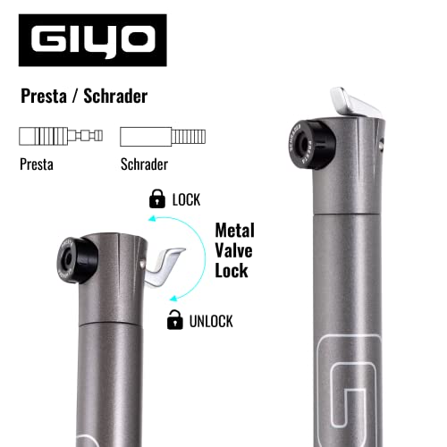 GIYO Mini Bike Pump with All Metal CNC Valve Lock for MTB Schrader & Presta 80 PSI