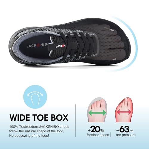 JACKSHIBO Wide Toe Box Women’s Sneakers with Arch Support, Zero Drop, Black, Size 8.5 Wide