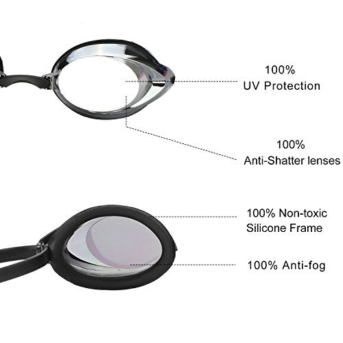 DARIDO Blue & Silver Mirror Swim Goggles - Adult, Men, Women, Youth, Anti-Fog, UV Protection, 180° Vision