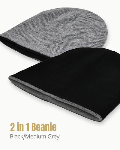 Reversible Beanie Knit Winter Hat for Men & Women - Black/Grey