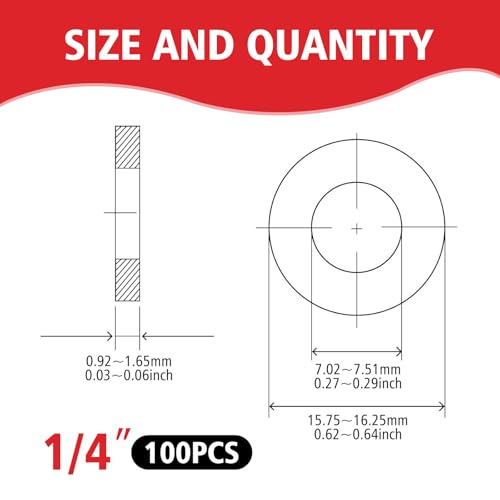 100PCS 1/4'' x 5/8'' SAE Black Flat Washers 304 Stainless Steel Universal Flat Washer, 1.5mm Thick