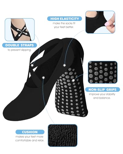 AURUZA Medium 3-Pair Non-Slip Pilates & Yoga Grip Socks Women - Black