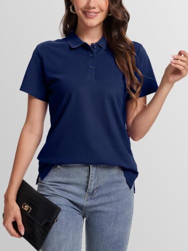 SMENG Women's Navy Medium Cotton Pique Polo Shirt with Short Sleeves & 3 Buttons